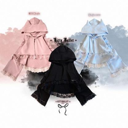 Three hooded jackets in pink, black, and white on a cloud-themed background with brand names.