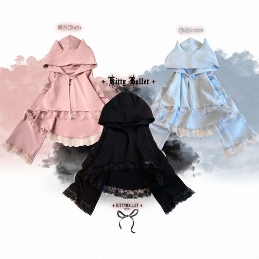 Three hooded jackets in pink, black, and white on a cloud-themed background with brand names.