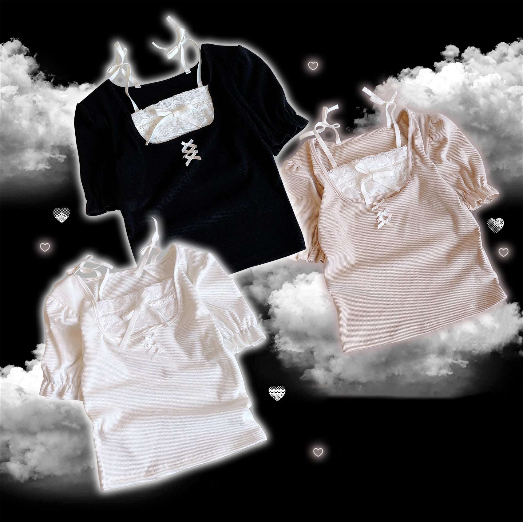 Black and white tops with lace details on a cloud background