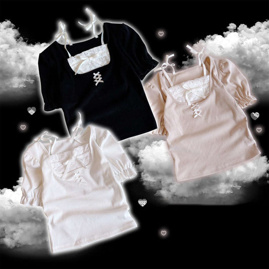 Black and white tops with lace details on a cloud background