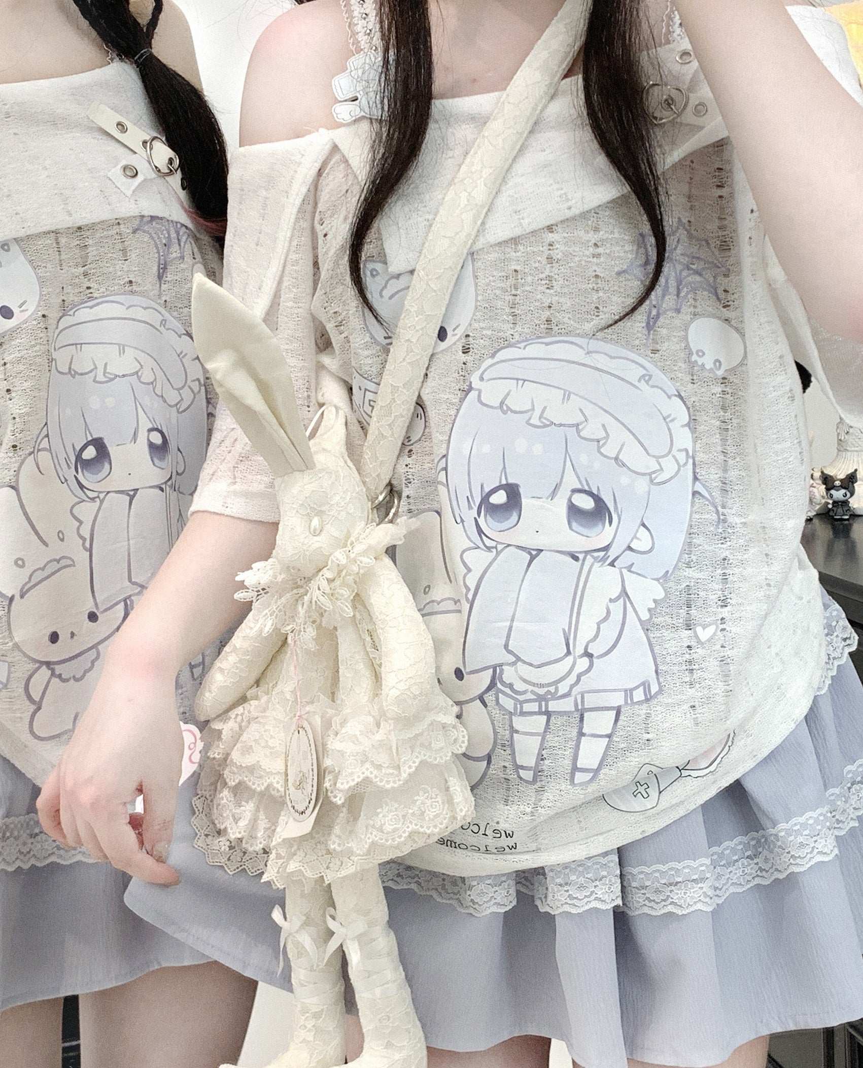 anime girl design white top with short sleeves and off-shoulder style