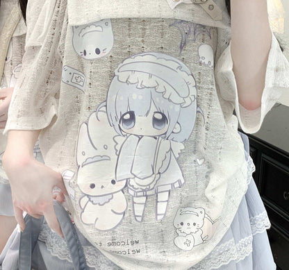 white off-the-shoulder top with beaded lace suspenders and anime girl print