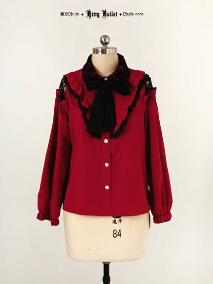 Red blouse with black lace details jirai kei style on a mannequin against a white background