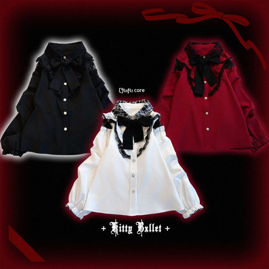 Set of black, white, and red shirts with ruffled details in jirai kei styles on a dark background.