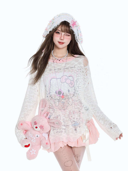 Person wearing a cute outfit with a white sweater and pink accents on a white background