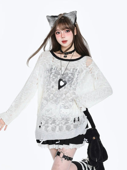 Person wearing a white sweater with black heart design, cat ears, and holding a black bag on a white background