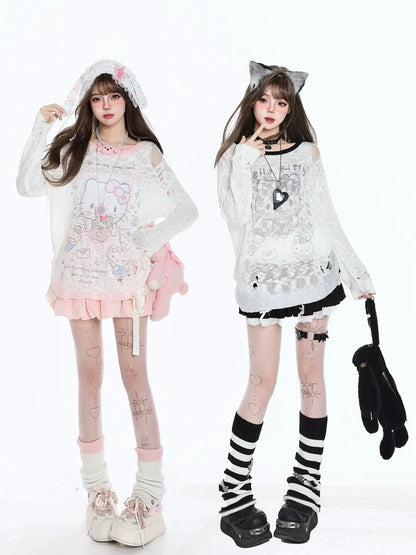 Two women wearing cute, pastel-themed outfits with accessories on a white background