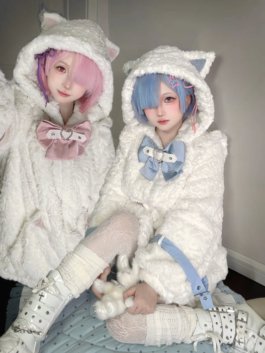 cozy kawaii winter jacket with padded cat ear hood and removable accessories