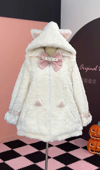 White fluffy coat with pink bow and cat ears on a mannequin against a checkered floor background.