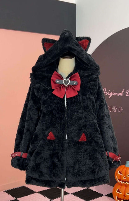 Black plush coat with red accents on a mannequin against a checkered floor background.