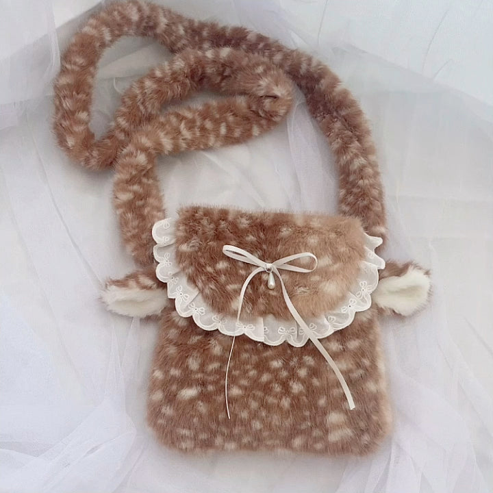 Fluffy brown and white deer-shaped pouch with a bow on a white background