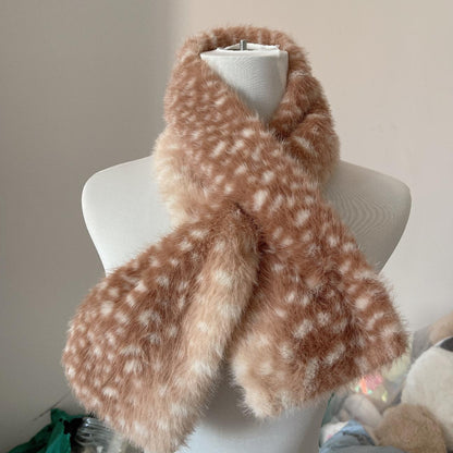 Brown faux fur scarf on a mannequin against a neutral background