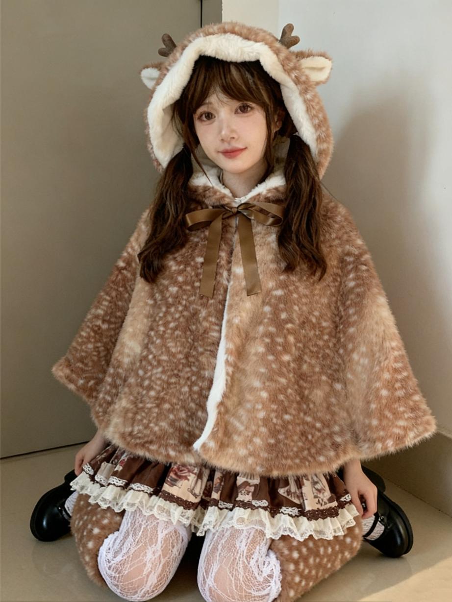 Person wearing a brown deer-themed cape and dress sitting on the floor.