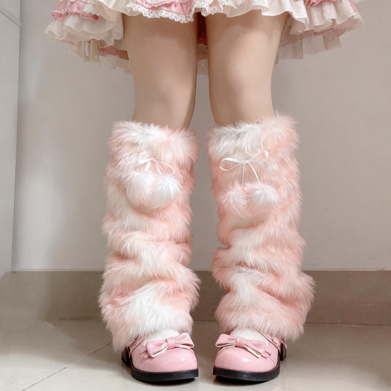Pink fluffy deer pattern pink leg warmers with a white background