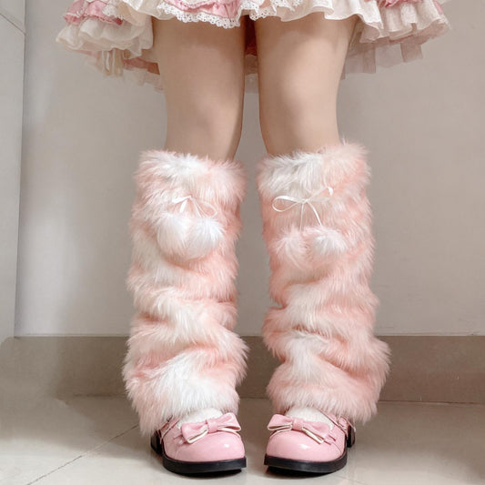 Pink fluffy deer pattern pink leg warmers with a white background