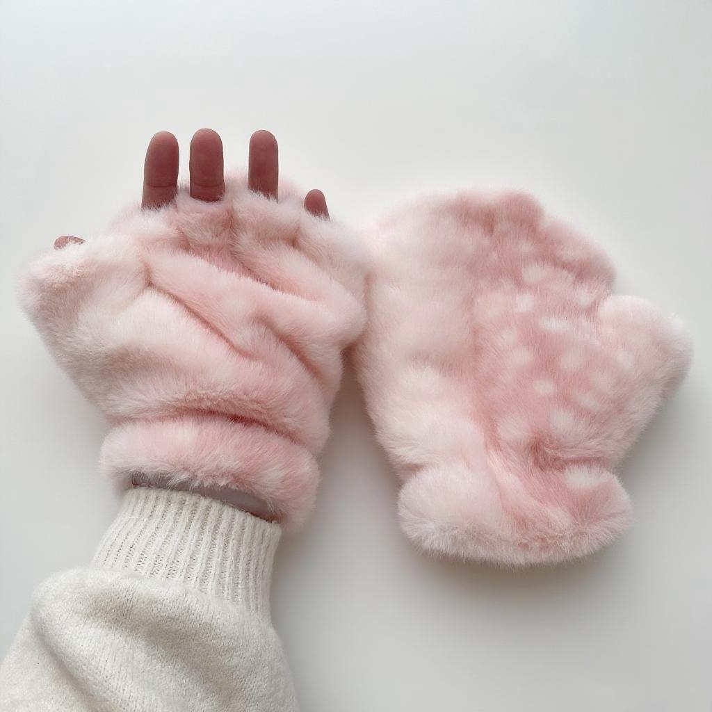 Pink fluffy deer pattern  gloves worn on a white background