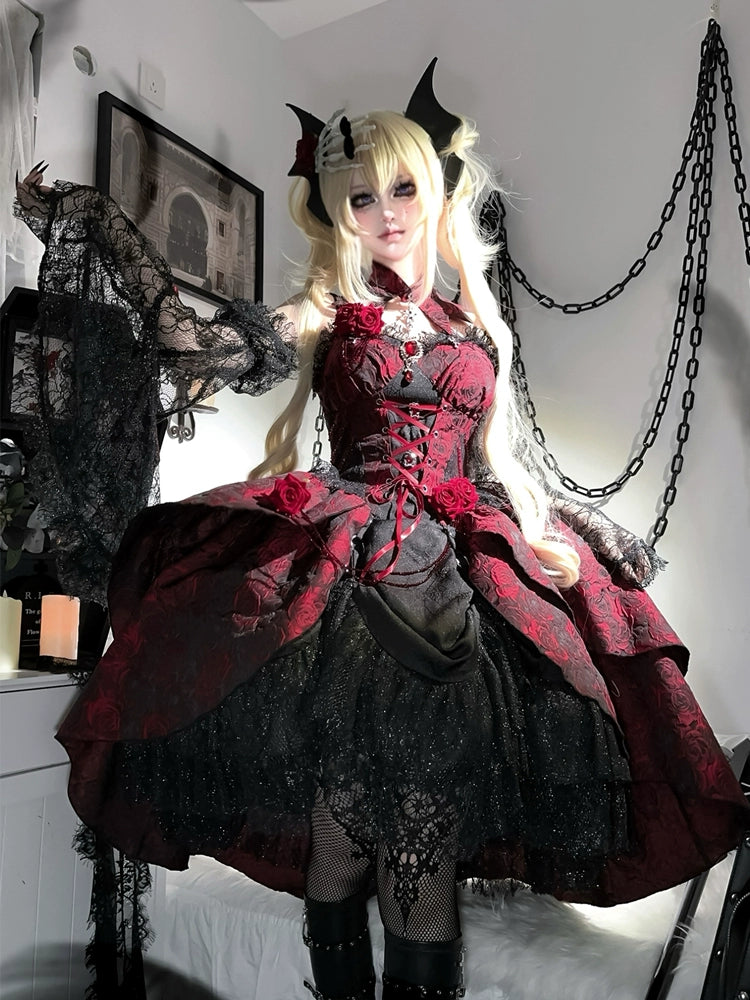 Lolita Red Rose Halloween Princess Black Lace Dress – Sugarplum Store