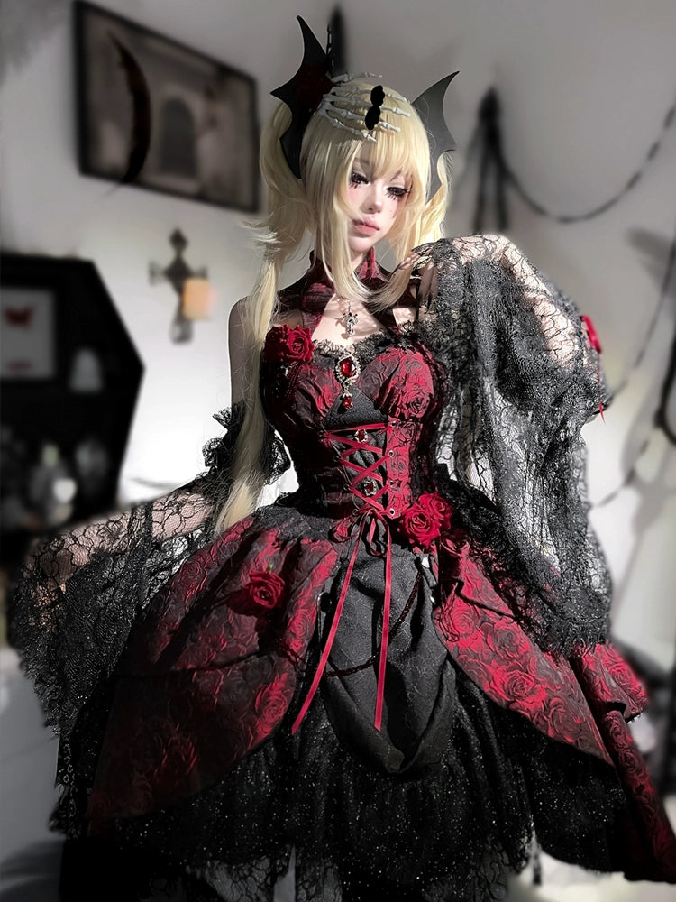 Lolita Red Rose Halloween Princess Black Lace Dress – Sugarplum Store