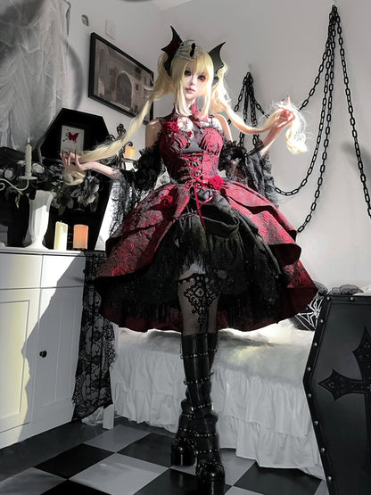 Person in a gothic Lolita outfit sitting on a bed in a room with chains and decorative items.