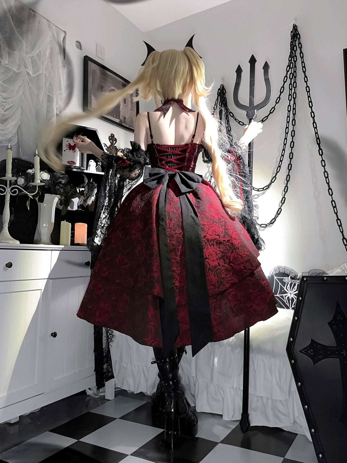Person wearing a red and black gothic dress with long blonde hair in a room with decorative elements.