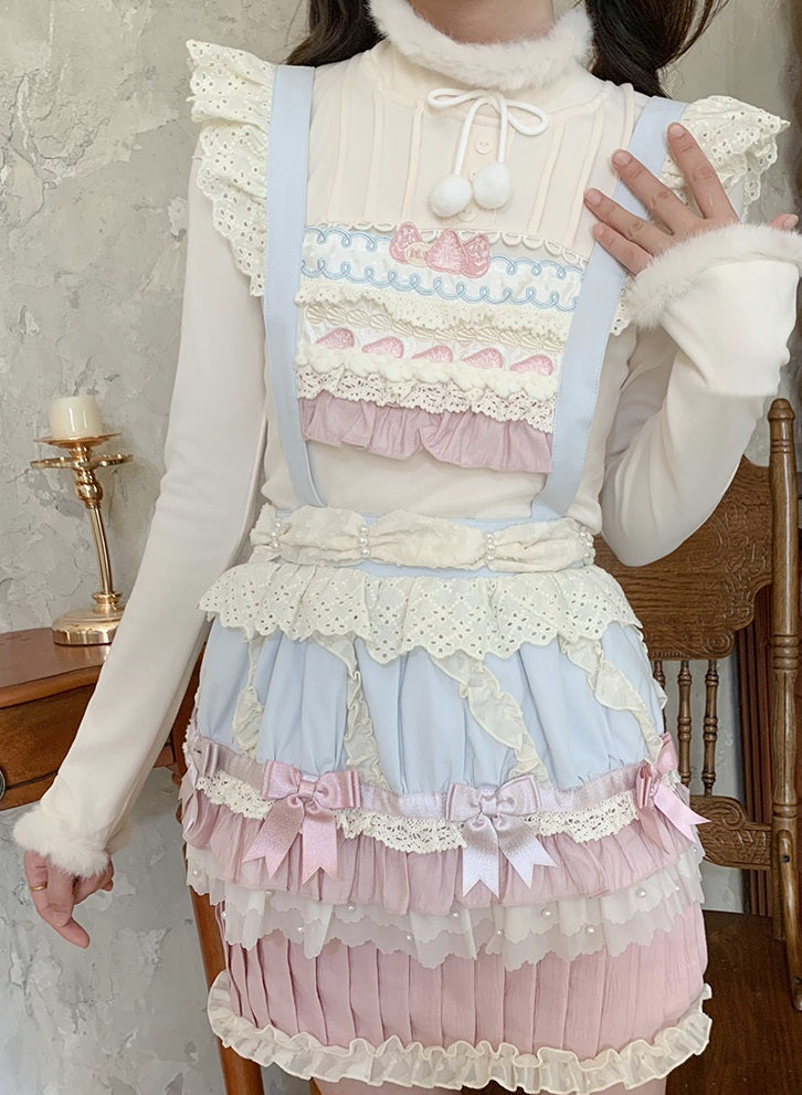 Pastel-colored outfit with ruffles and bows in a room setting