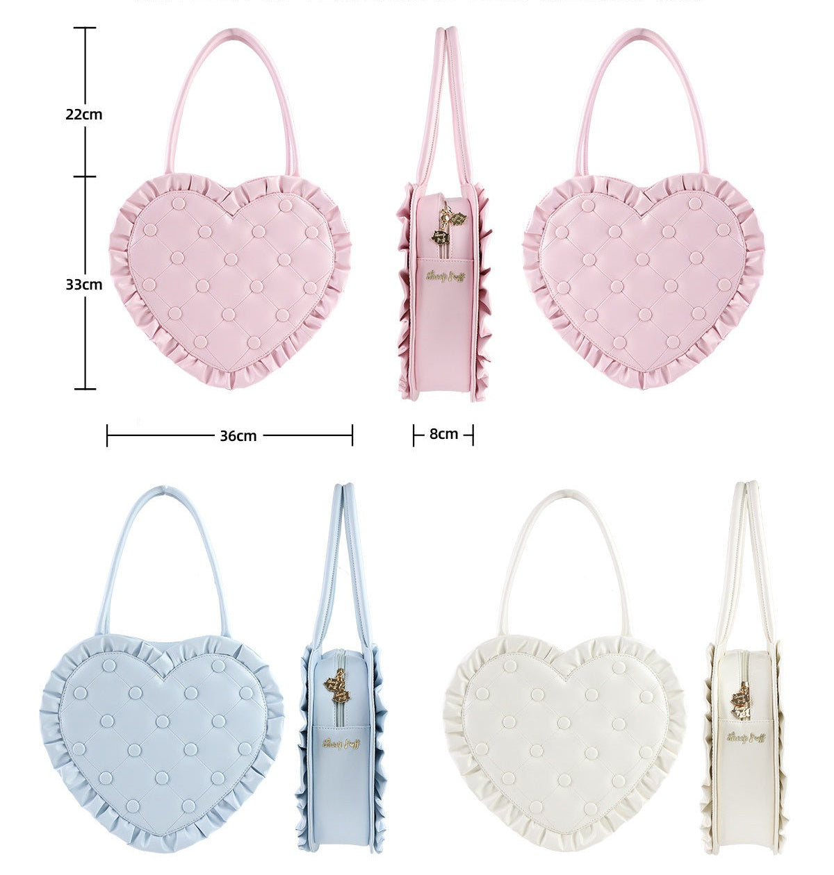 Heart-shaped bags in pink, blue, and white with measurements on a white background