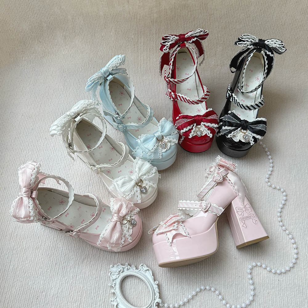 Set of pastel-colored women shoes with decorative bows on a light background