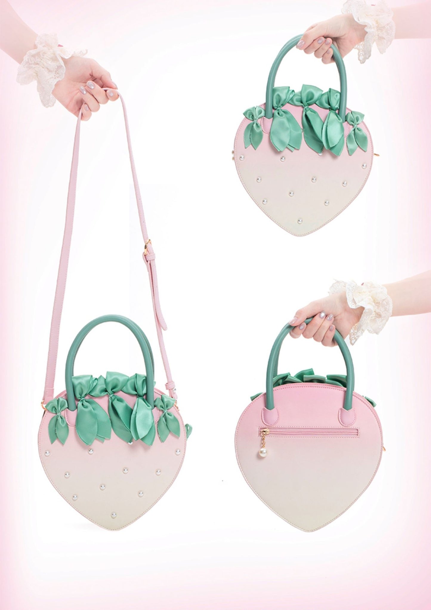 Heart-shaped handbags with strawberry design held by hands on a gradient pink background