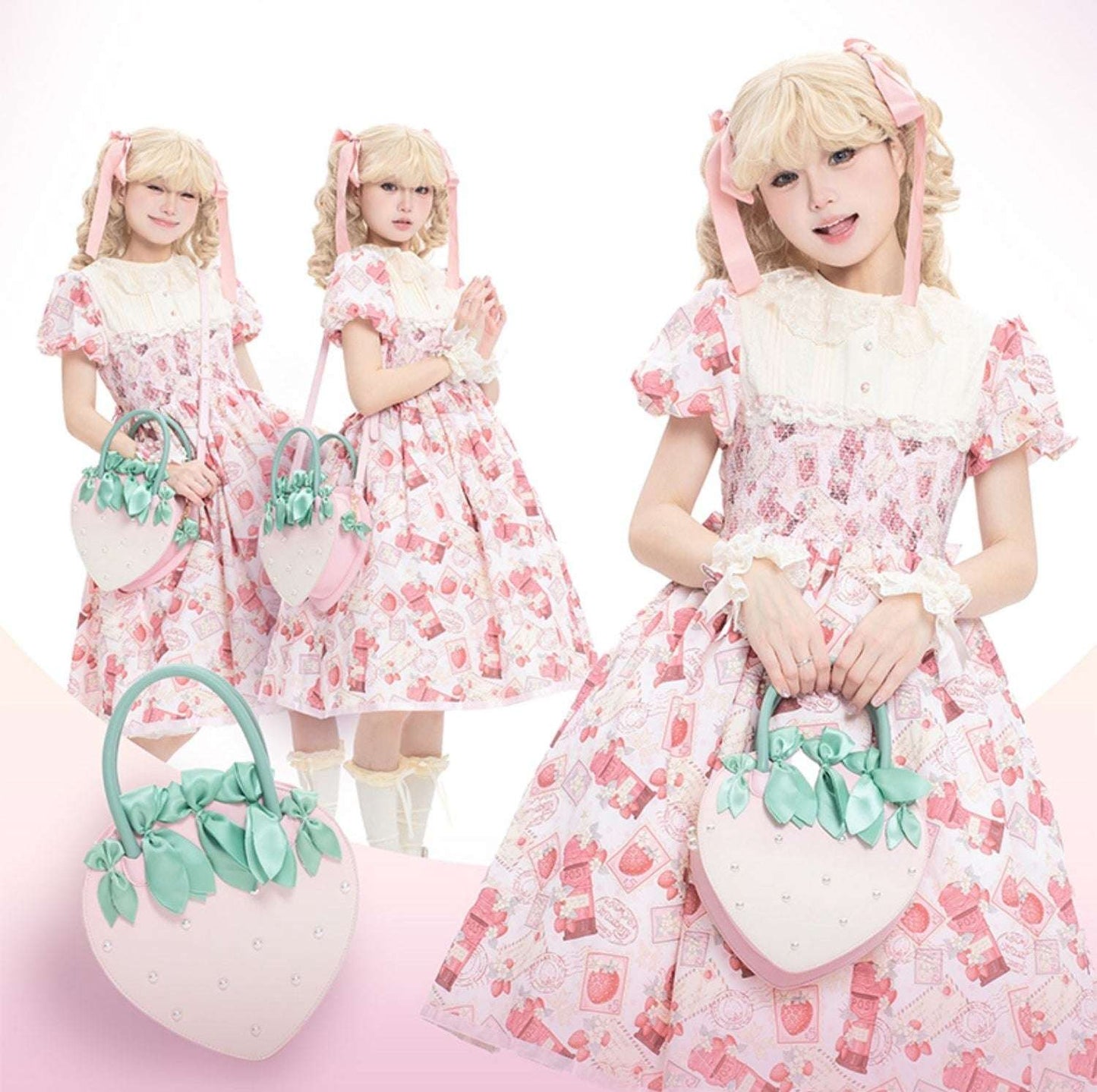 Woman in a pink floral dress holding a matching handbag on a white background