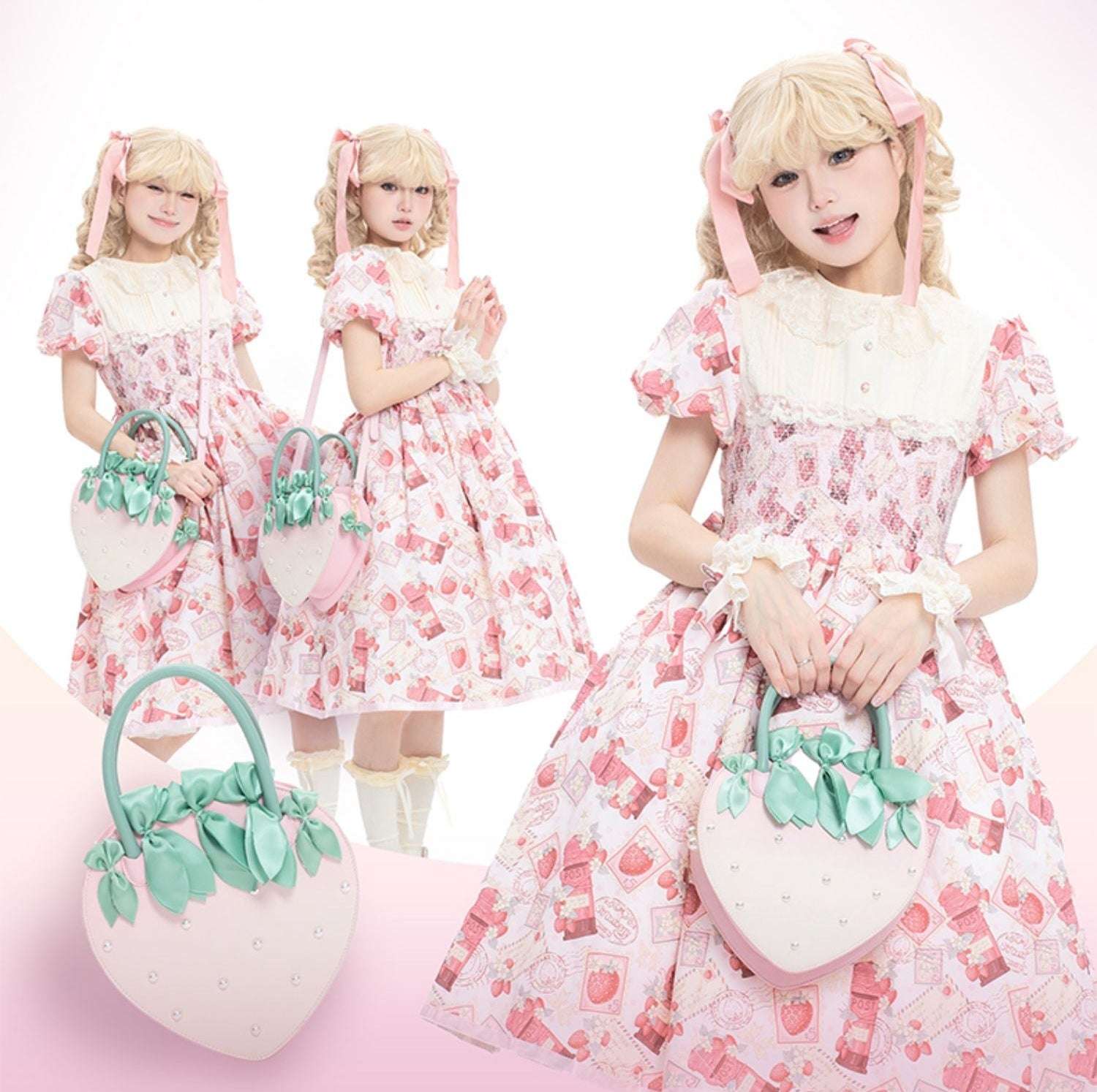Woman in a pink floral dress holding a matching handbag on a white background