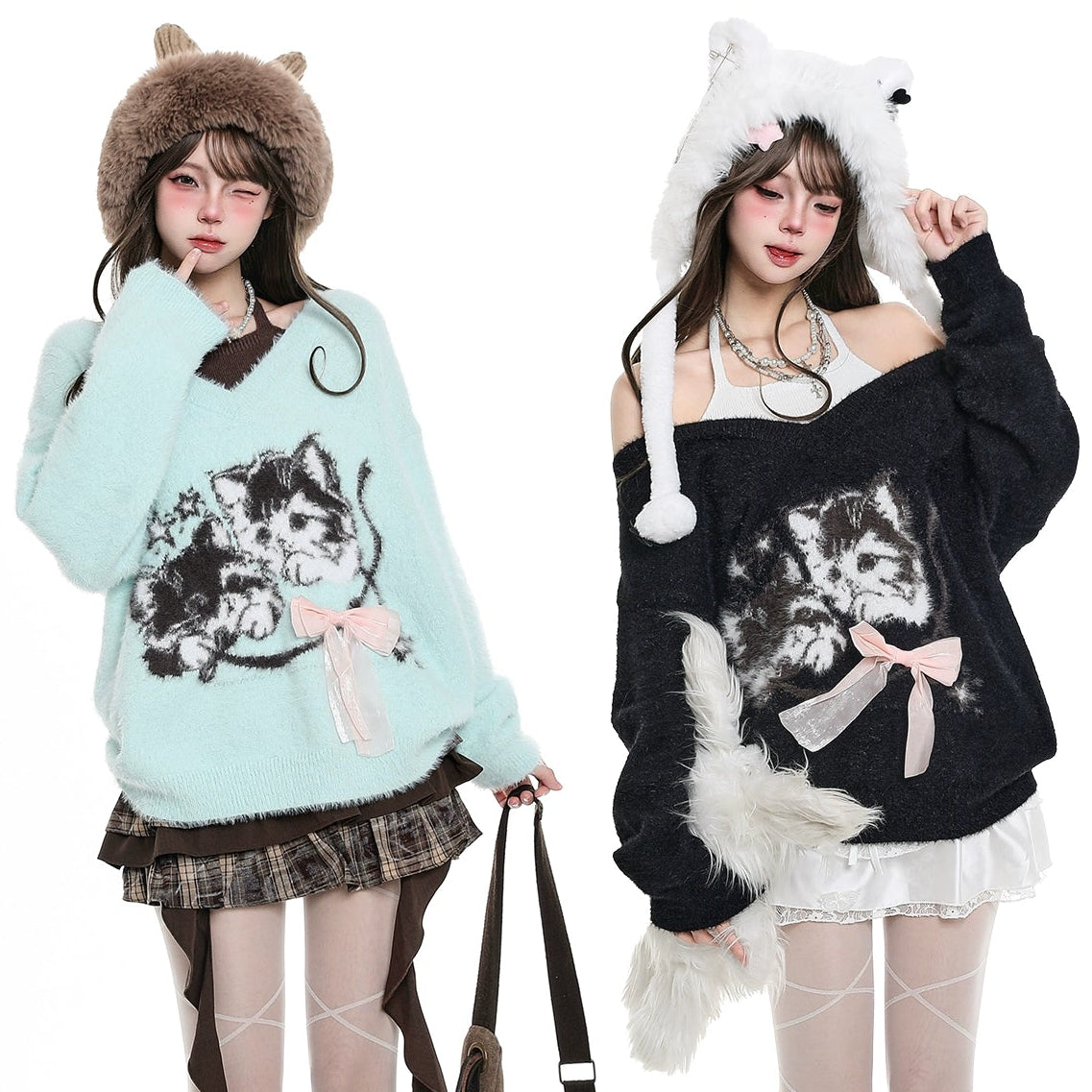 Two people wearing cute outfits with animal-themed designs on a white background