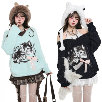 Two people wearing cute outfits with animal-themed designs on a white background