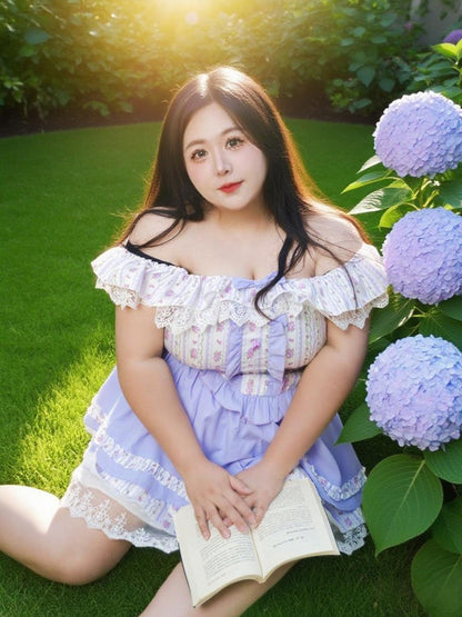 Plus Size Lavender Floral Purple Off Shoulder Top Skirt Two Piece Set