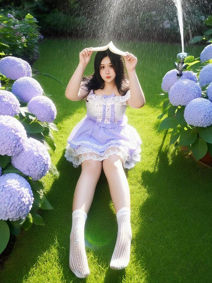 Plus Size Lavender Floral Purple Off Shoulder Top Skirt Two Piece Set