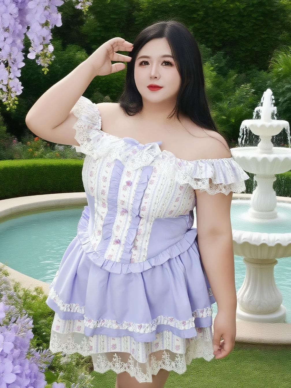 Plus Size Lavender Floral Purple Off Shoulder Top Skirt Two Piece Set