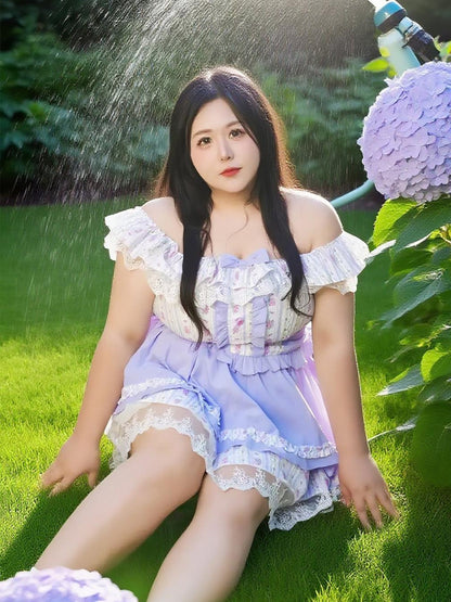 Plus Size Lavender Floral Purple Off Shoulder Top Skirt Two Piece Set