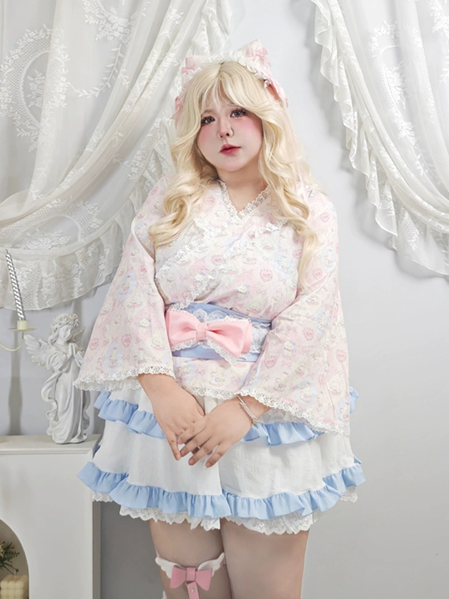 Plus Size Pink Cat Kimino Inspired Top Skirt Two Piece Set