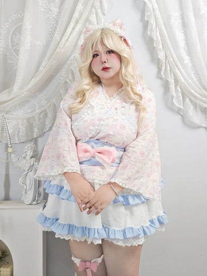 Plus Size Pink Cat Kimino Inspired Top Skirt Two Piece Set