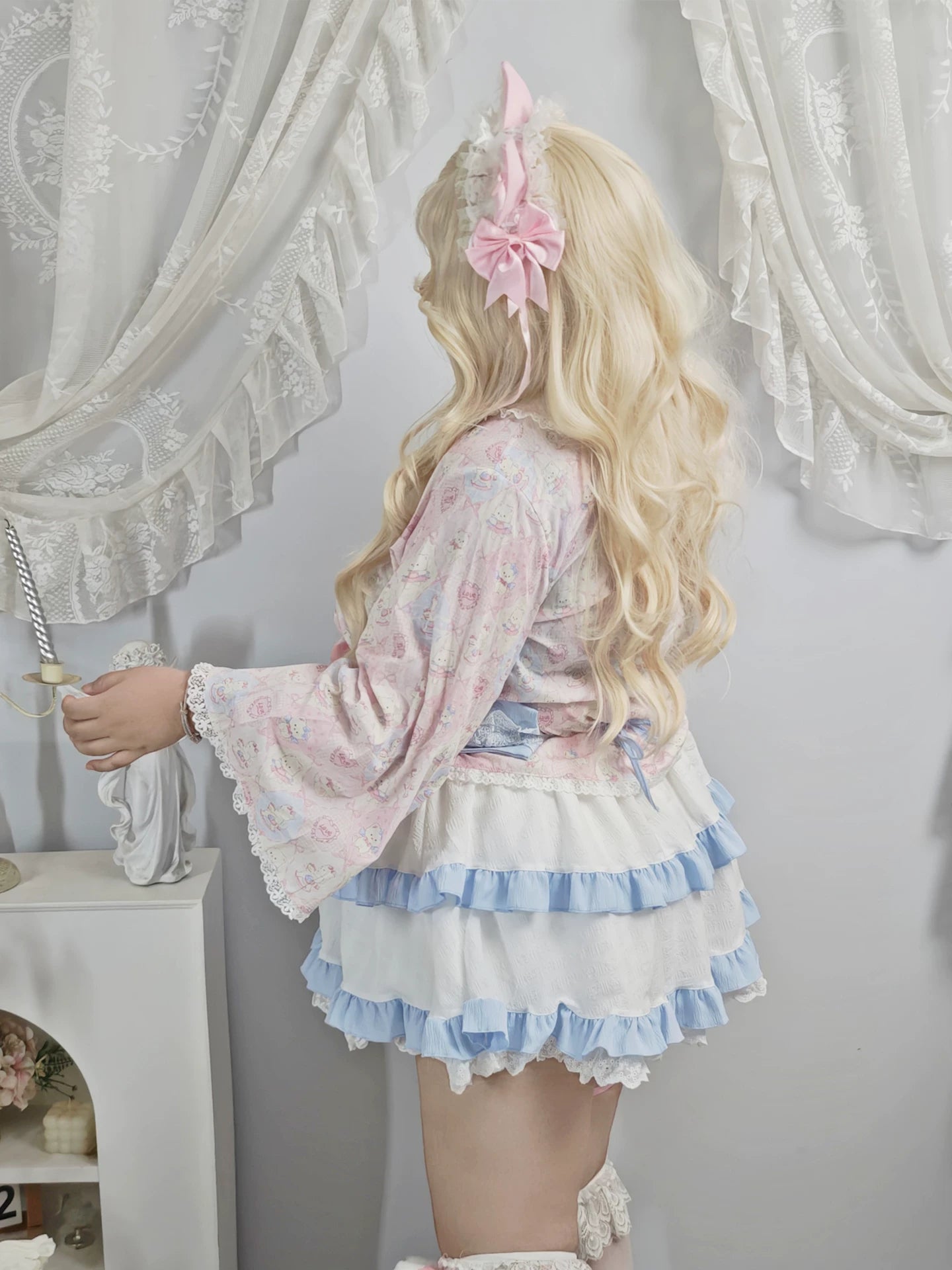 Plus Size Pink Cat Kimino Inspired Top Skirt Two Piece Set