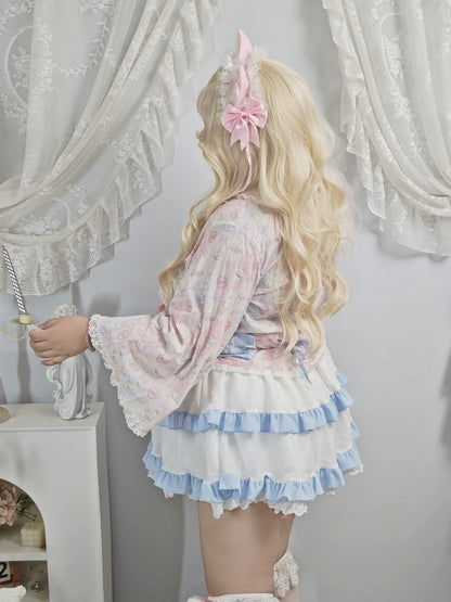 Plus Size Pink Cat Kimino Inspired Top Skirt Two Piece Set