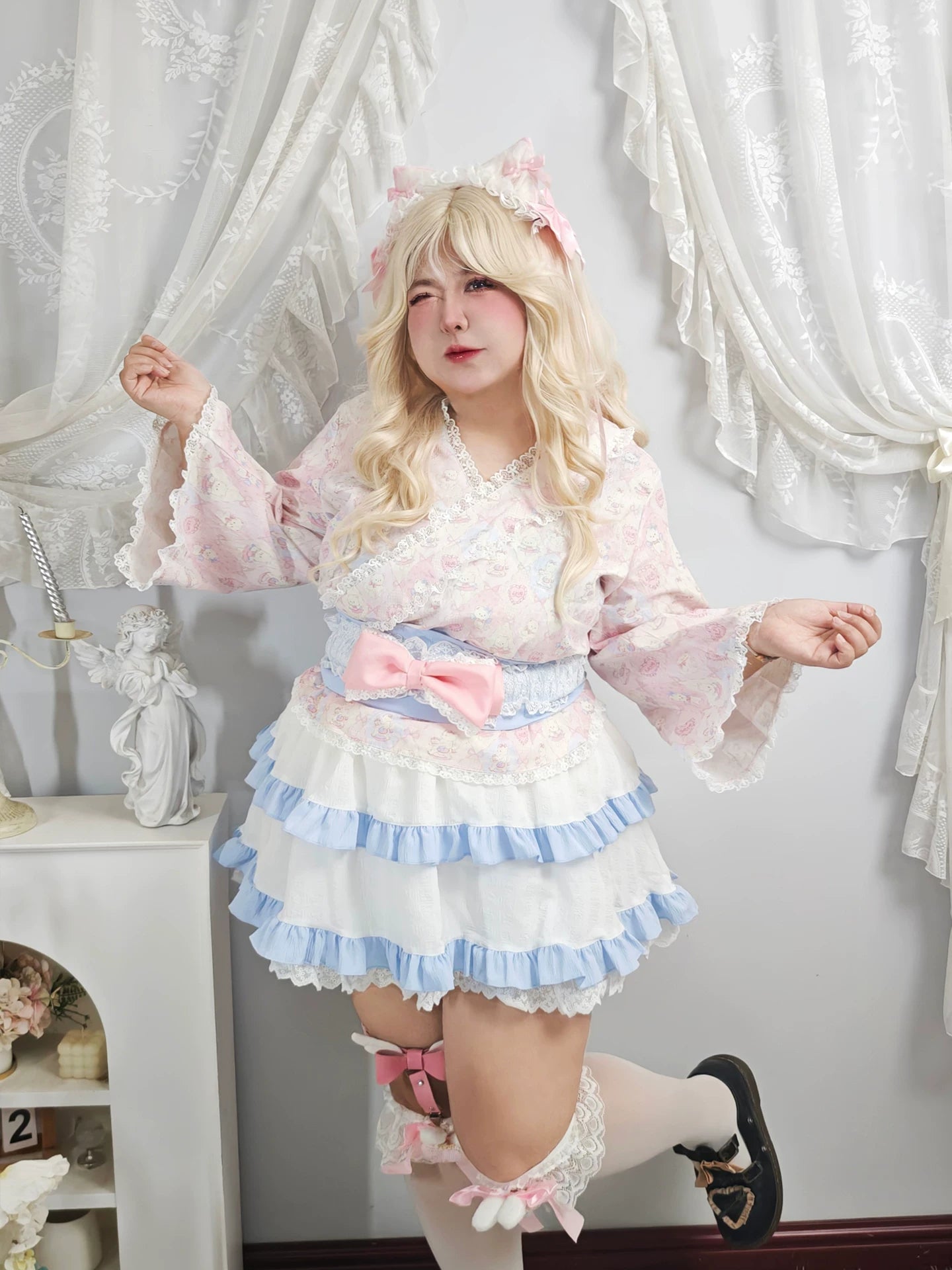 Plus Size Pink Cat Kimino Inspired Top Skirt Two Piece Set