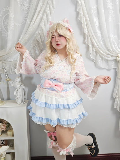 Plus Size Pink Cat Kimino Inspired Top Skirt Two Piece Set