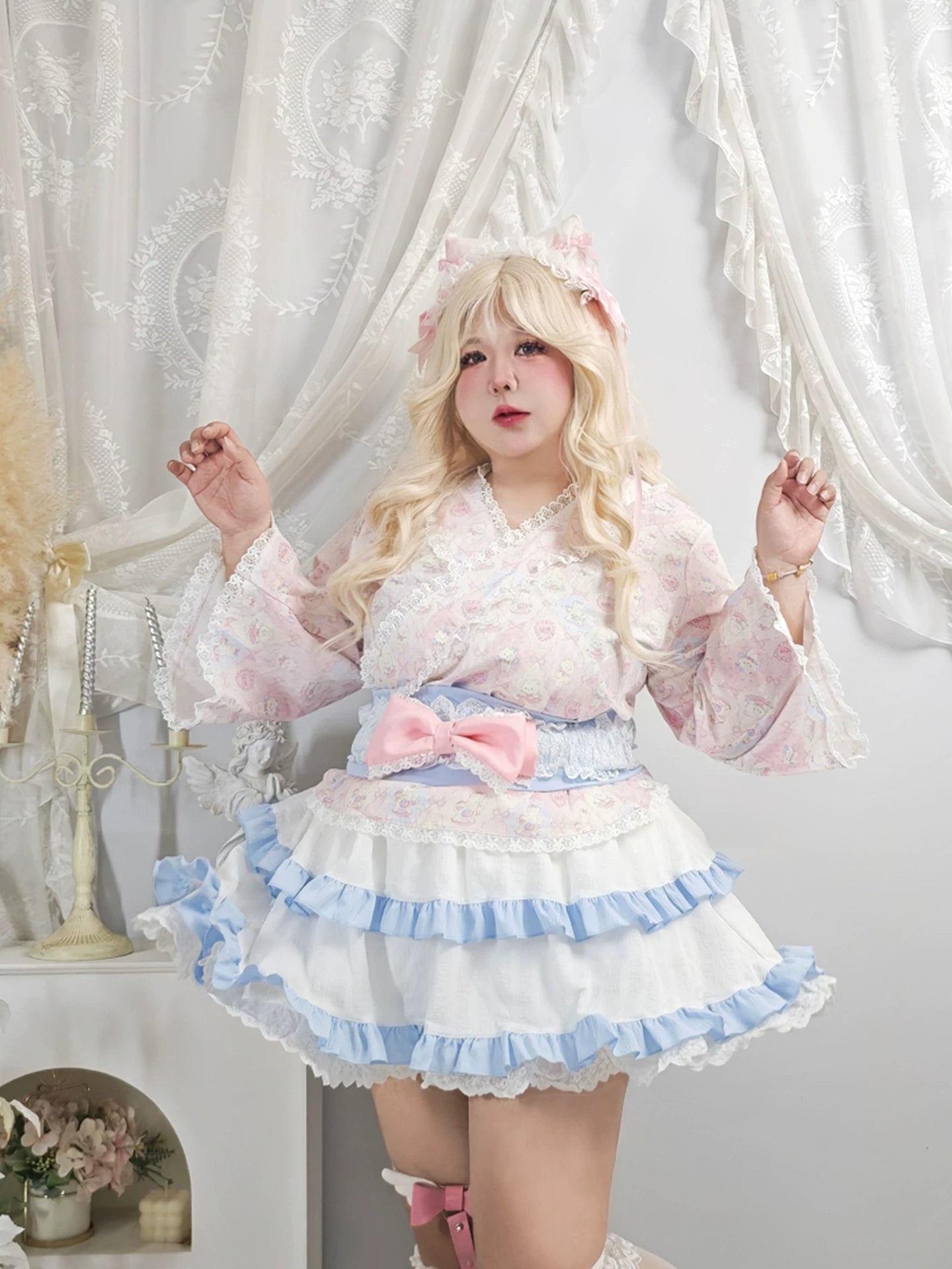 Plus Size Pink Cat Kimino Inspired Top Skirt Two Piece Set