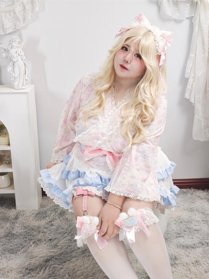 Plus Size Pink Cat Kimino Inspired Top Skirt Two Piece Set