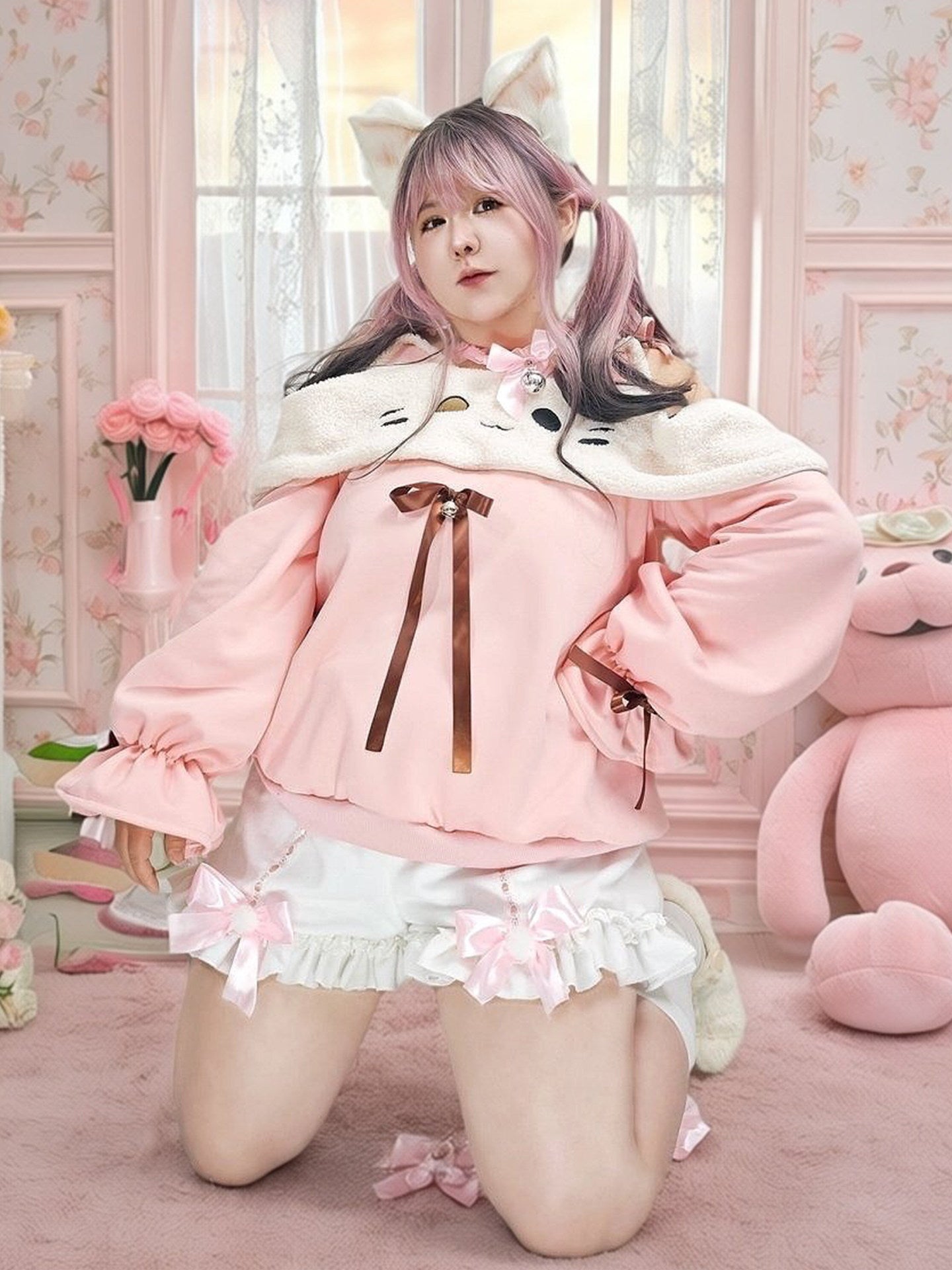 Plus Size Pink Cat Sweater White Skirt Bloomers Two Piece Set