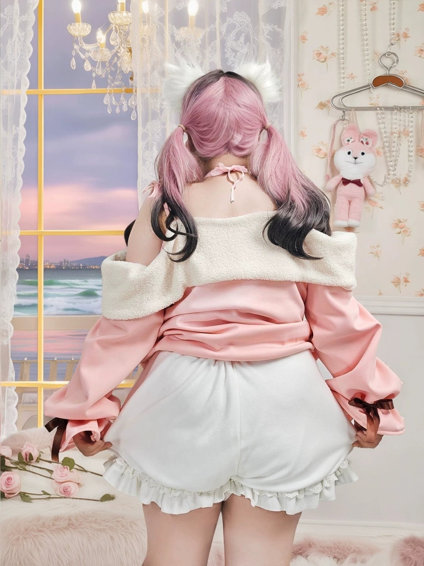 Plus Size Pink Cat Sweater White Skirt Bloomers Two Piece Set