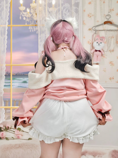 Plus Size Pink Cat Sweater White Skirt Bloomers Two Piece Set