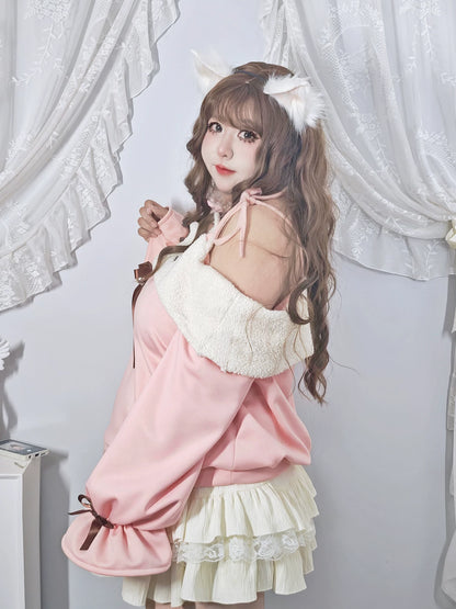 Plus Size Pink Cat Sweater White Skirt Bloomers Two Piece Set