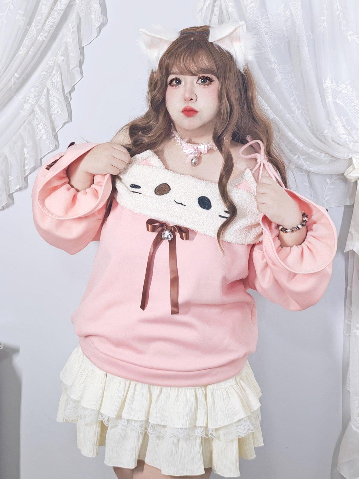 Plus Size Pink Cat Sweater White Skirt Bloomers Two Piece Set
