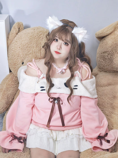 Plus Size Pink Cat Sweater White Skirt Bloomers Two Piece Set